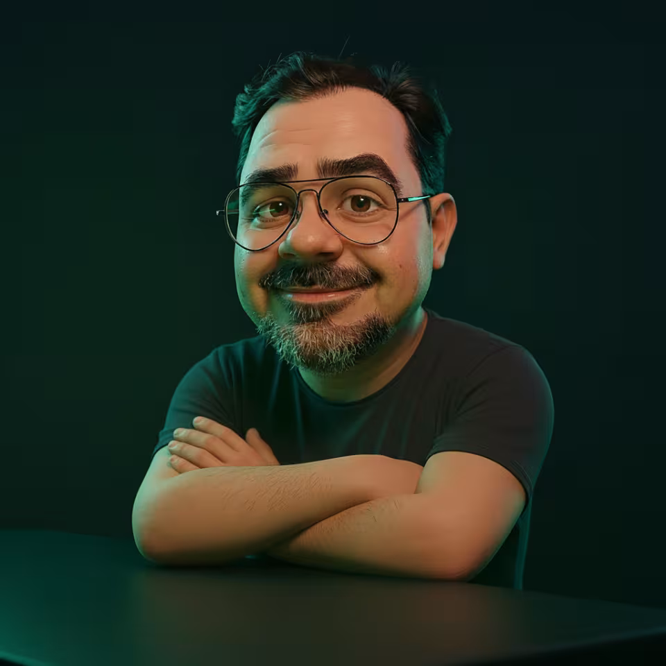 a 3D 40-something guy with a big head wearing aviator glasses, mustache, and goatee smiles confidently with his arms folded in a professional pose against a gray-green background.