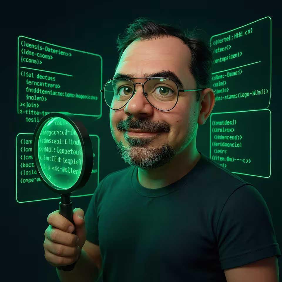 a 3D 40-something guy with a big head wearing aviator glasses, mustache, and goatee holds a magnifying glass while surrounded by holographic UML diagrams against a gray-green background.